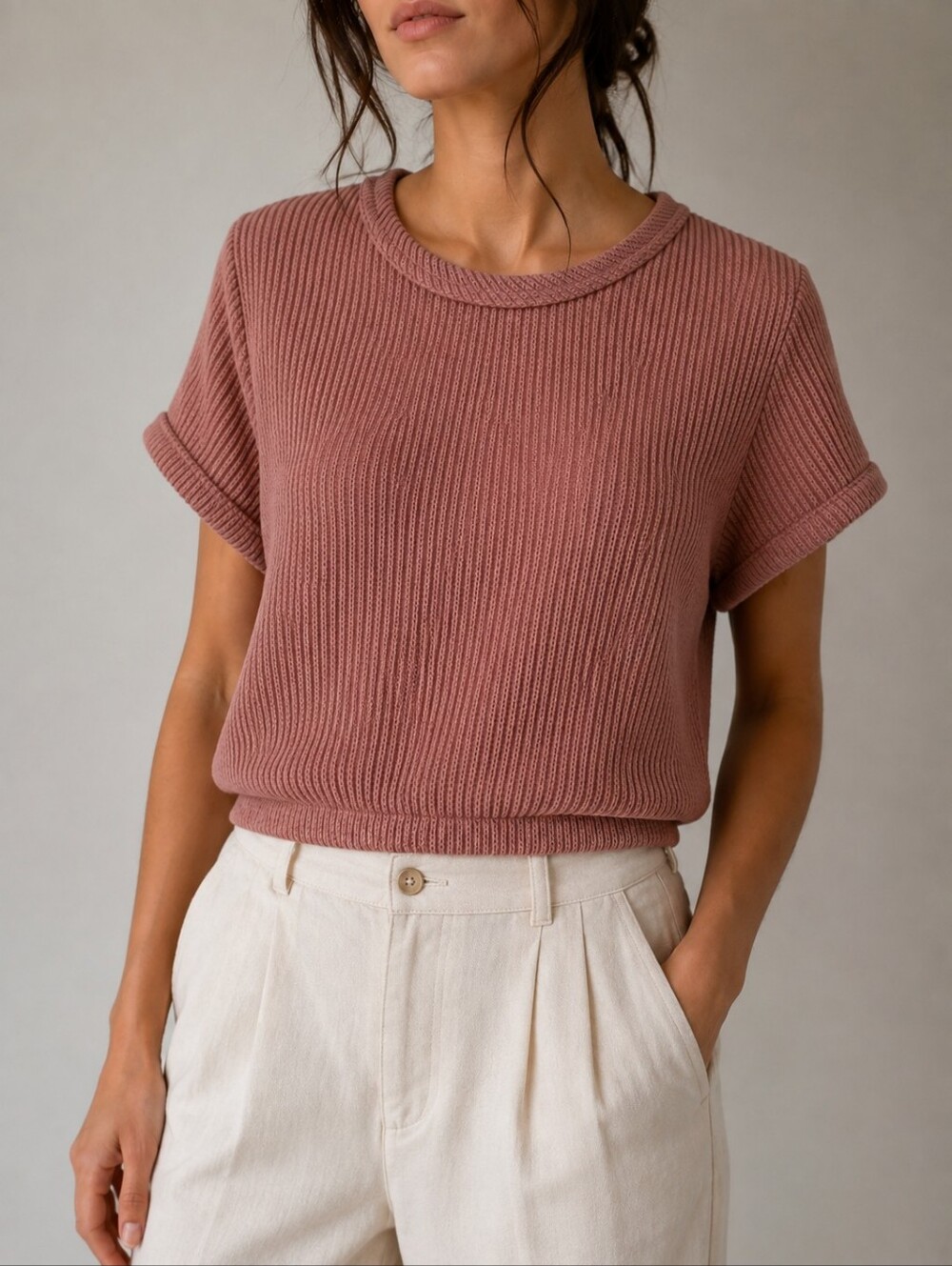 Livi by Olivia Rae Dusty Rose Ribbed Knit Short Sleeve Top XS